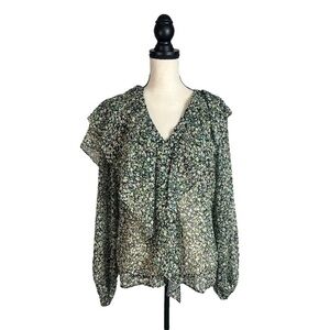 Topshop Women Floral Ruffled Blouse Long Sleeve V Neck Hidden Button Down Size 4